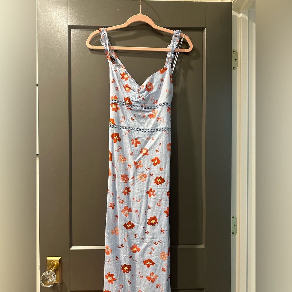 Zara Blue Midi Dress with Red Floral Pattern